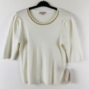 Nanette Lepore Women's Scoop neck White Knit Blouse‎ Top Puff Sleeve Sz XL.